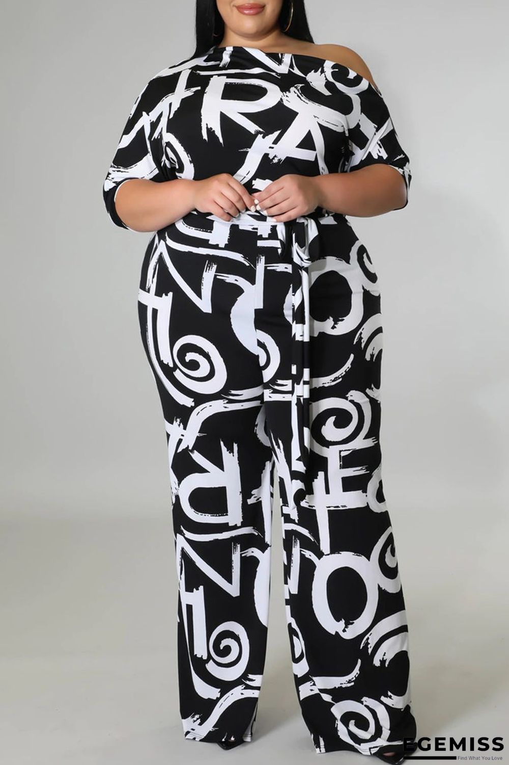 Black And White Fashion Casual Print Basic Oblique Collar Plus Size Jumpsuits | EGEMISS