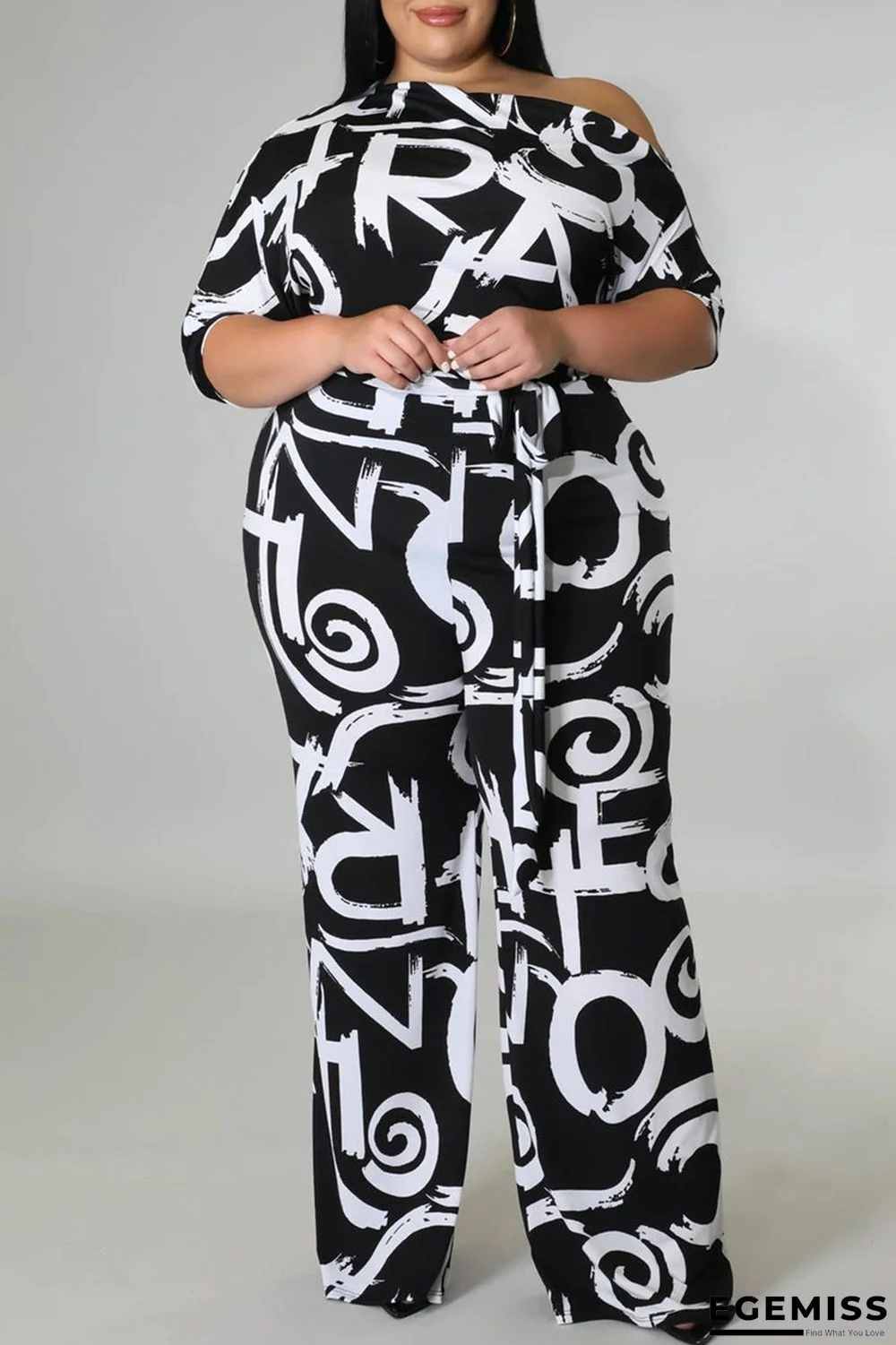Black And White Fashion Casual Print Basic Oblique Collar Plus Size Jumpsuits | EGEMISS