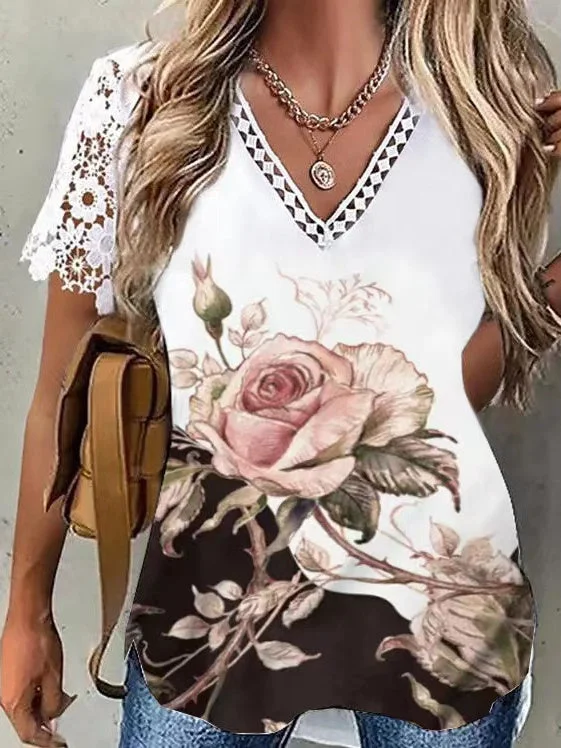 Women's V Neck Short Sleeve Lace Floral Print Casual Top