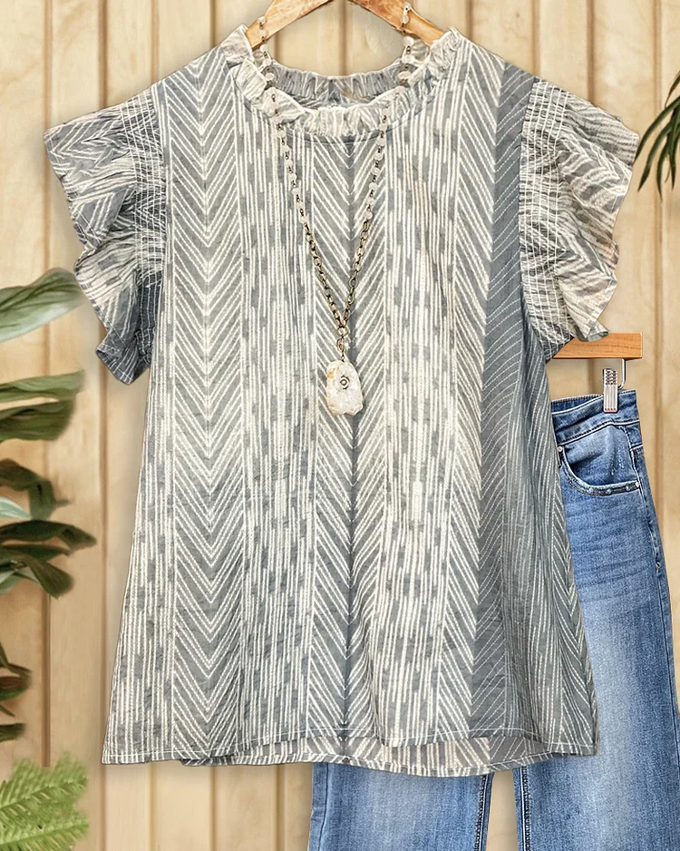 Abstract Print Playful Ruffle Sleeve Blouse