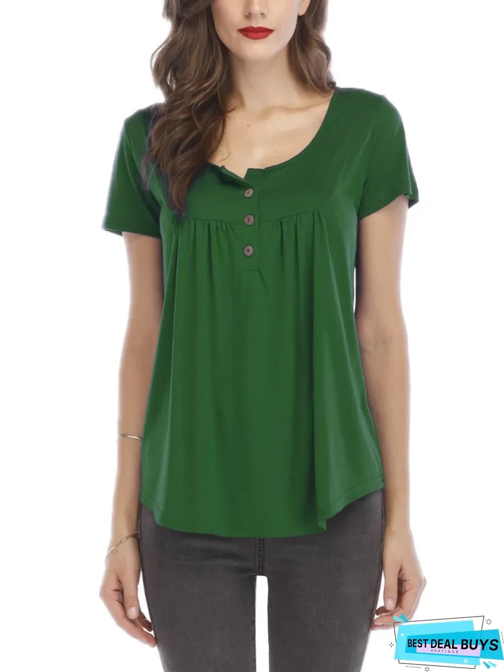New Women's Pleated Button Loose Short Sleeve T-Shirt