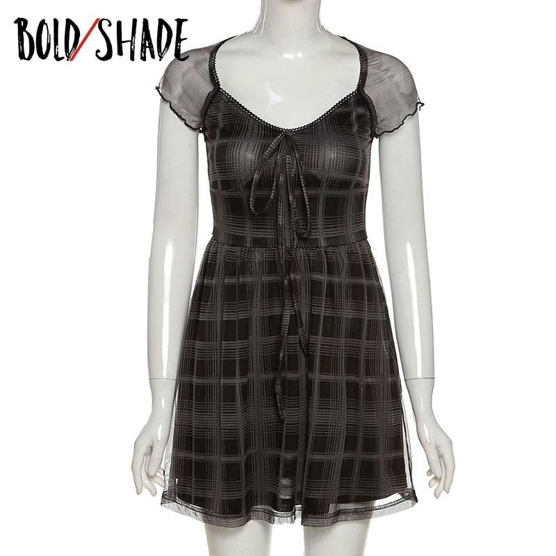 Bold Shade Streetwear 90s Style Grunge Mini Dress Plaid Print Bodycon Indie Clothes Gothic Women Square Collar Bow Dresses Hot