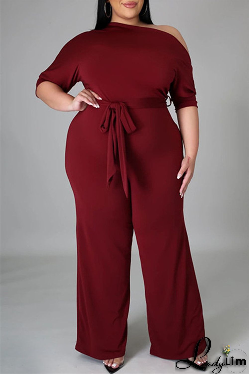 Red Fashion Casual Solid Basic Oblique Collar Plus Size Jumpsuits