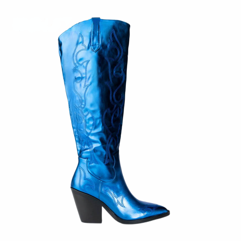 VCSHOES Embroider Pointed Toe CowGirl Booties Women Block Chunky Heels Knee High Boots Shiny Mirror Leather Motorcycle Boots