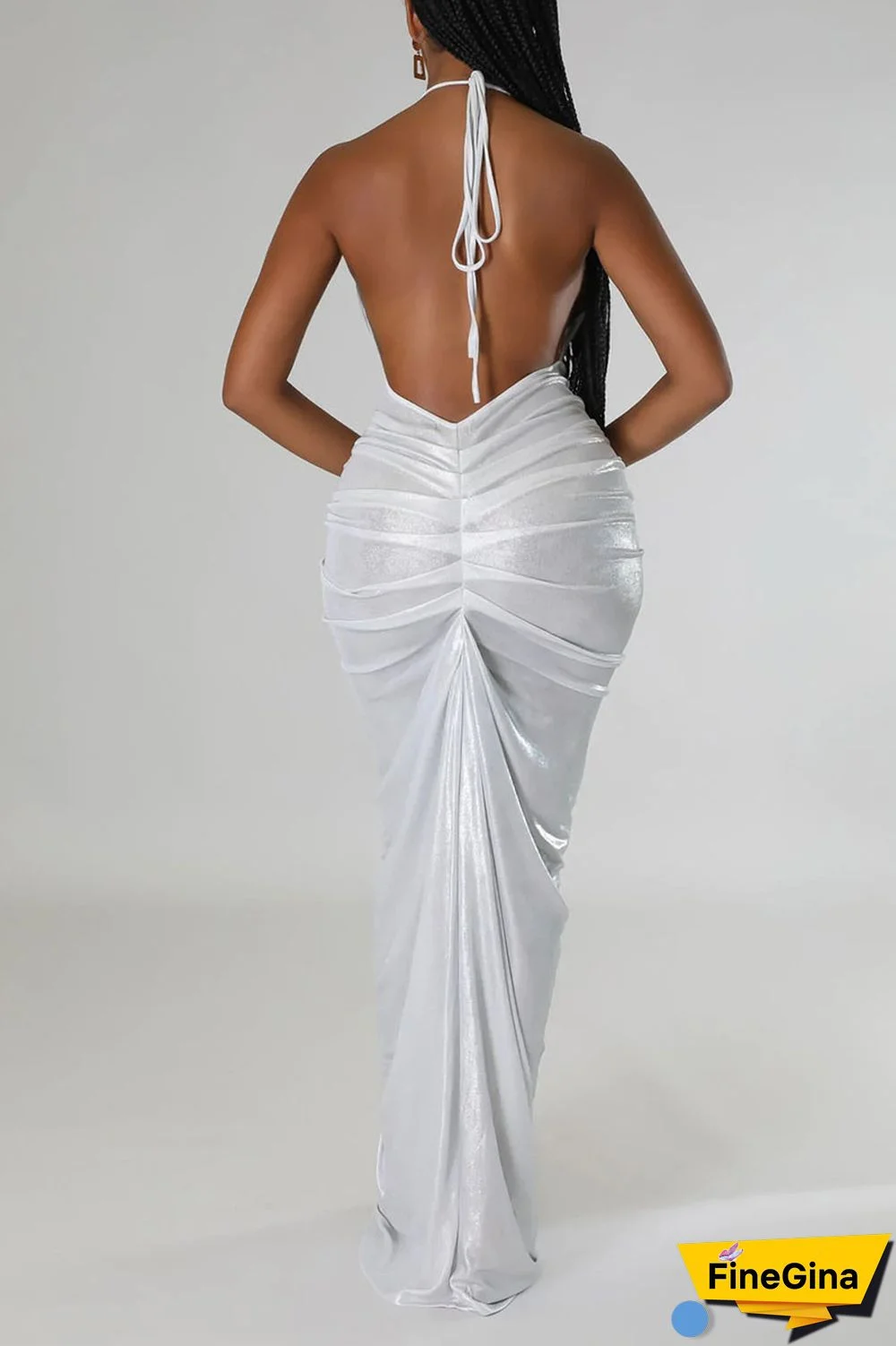 White Sexy Solid Patchwork Backless Fold Halter One Step Skirt Dresses