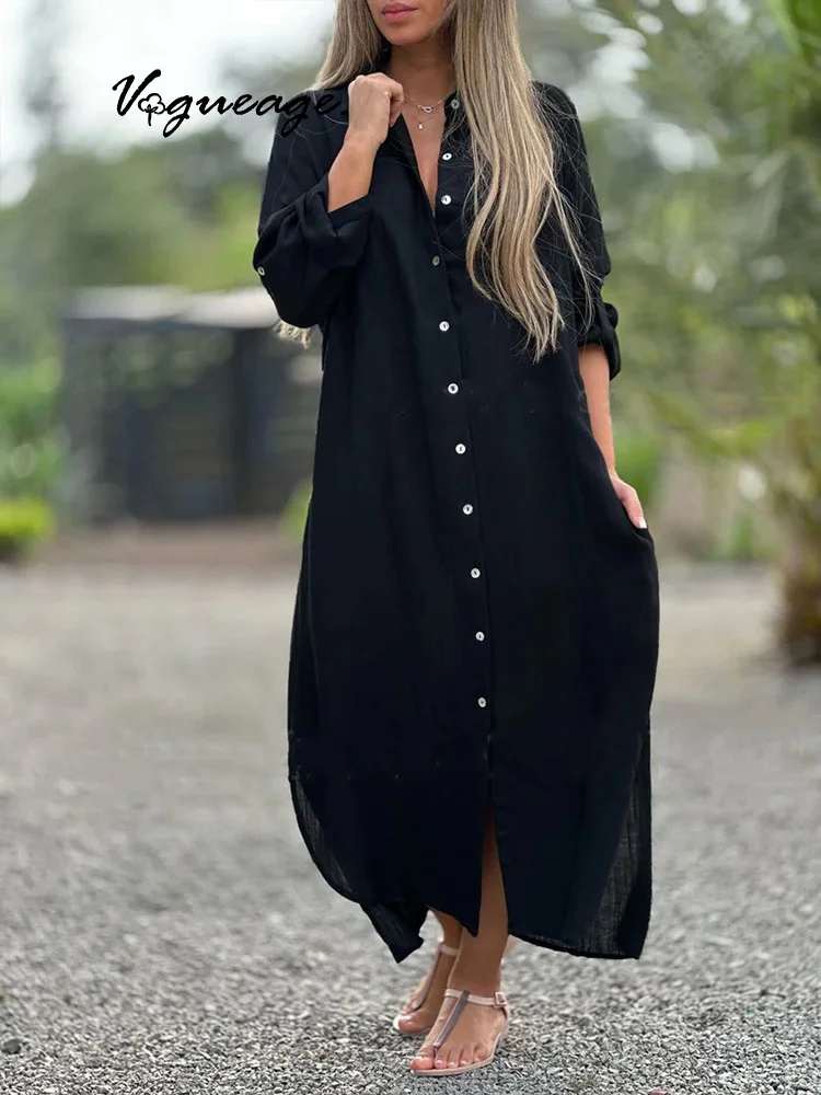 Fashionable And Casual Long-Sleeved Cotton And Linen Cardigan Dress