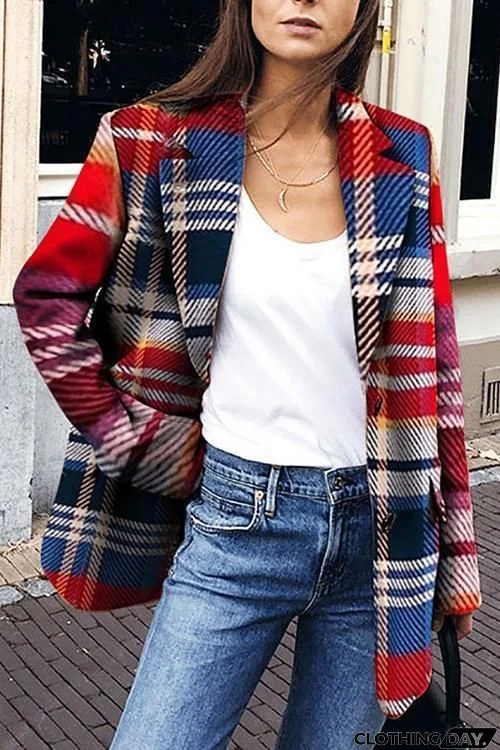 Turndown Collar Plaid Long Sleeve Coat