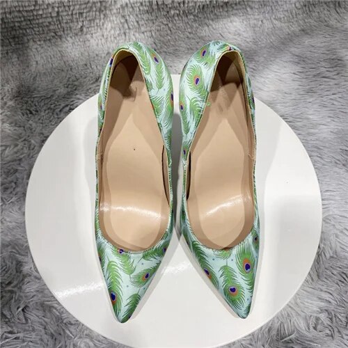 VCshoes Peacock Printing Green 12cm Pumps Stiletto Pointed Toe Shoes Party Nightclub Women Shoes 8cm 10cm High Heel Purple BM039