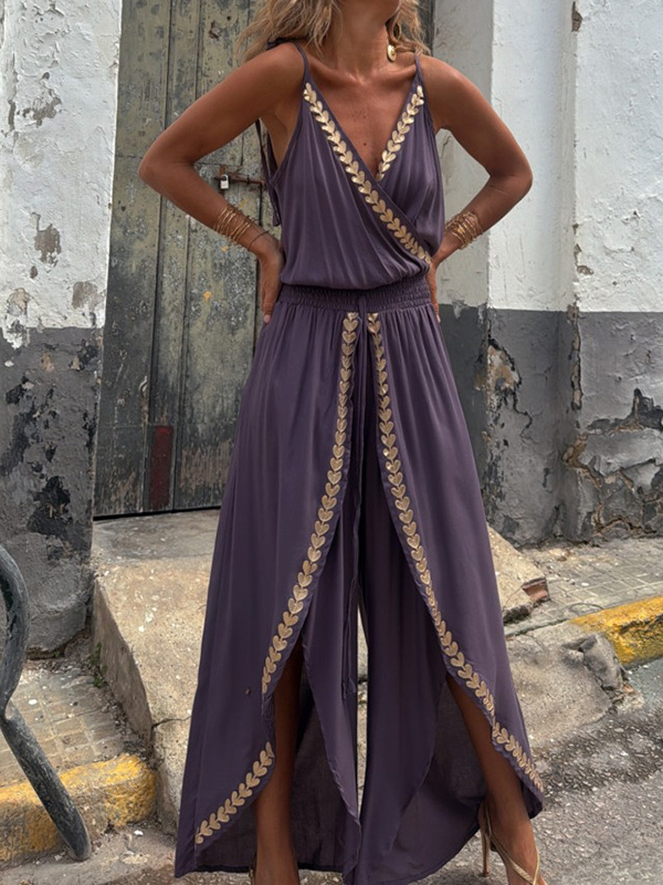 Leaf Embellished Strap Sleeveless V Neck Wide Leg Jumpsuit