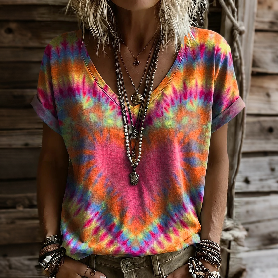 Comstylish Women's Retro Colorful Heart Tie-dye Art Print Casual Short-sleeve V-neck T-shirt