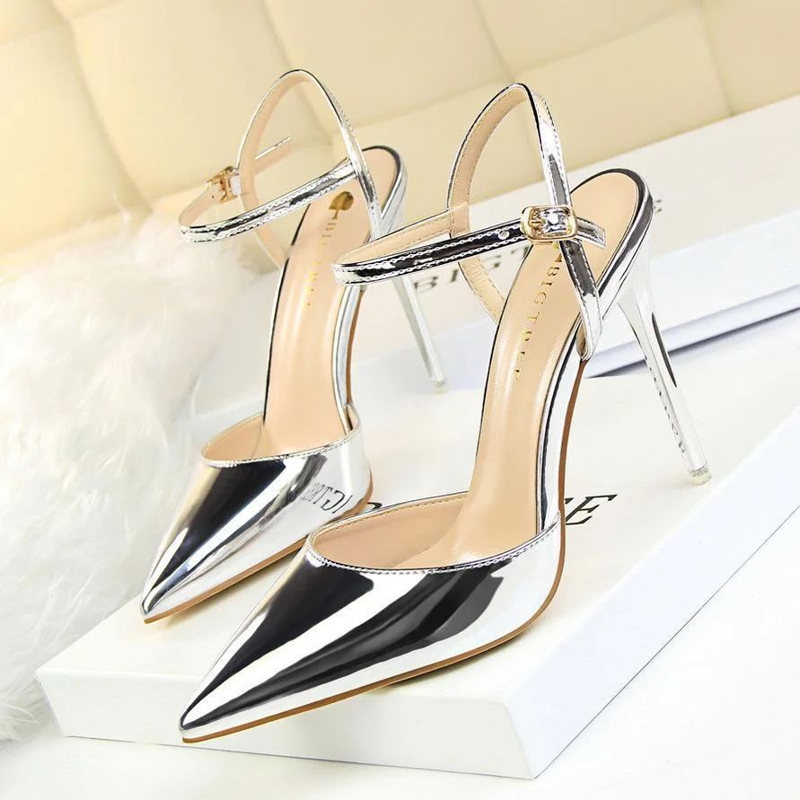 Simple stiletto super high heel shallow pointy patent leather sexy flat sandals