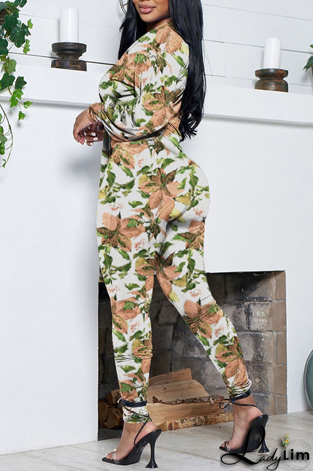 Green Casual Print Frenulum V Neck Long Sleeve Two Pieces