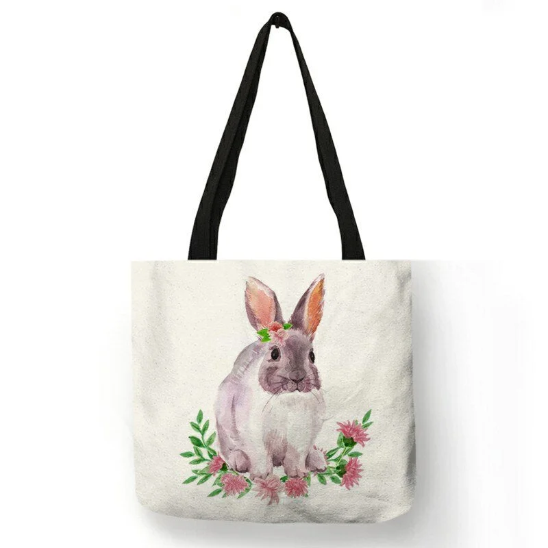 Cute Watrecolor Floral Rabbit Painting Print Women Tote Shopping Bag Foldable Reusable  Large Shoulder Shopper  Bags