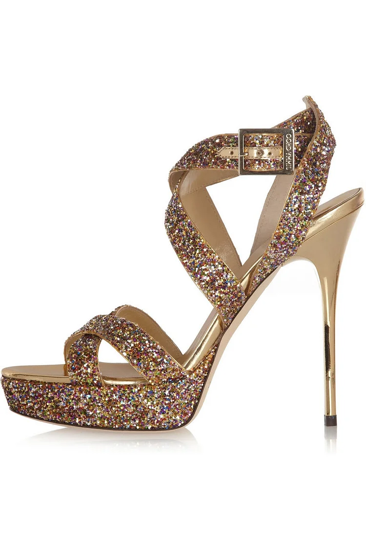 Gold Glitter Shoes Open Toe Platform Sandals Evening Shoes Vdcoo