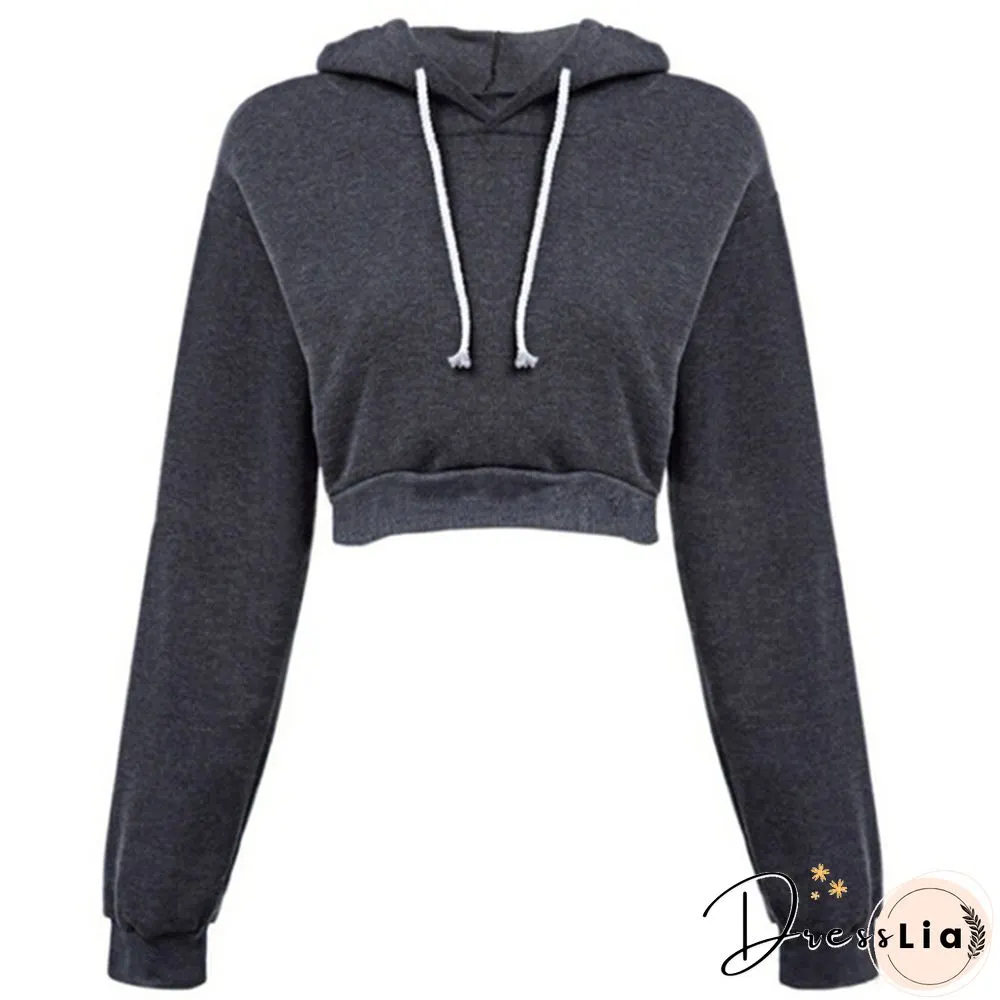 Fashion Womens Sexy Casual Cotton Plain Stitching Long Sleeve Hooded Short Sweatshirt Crop