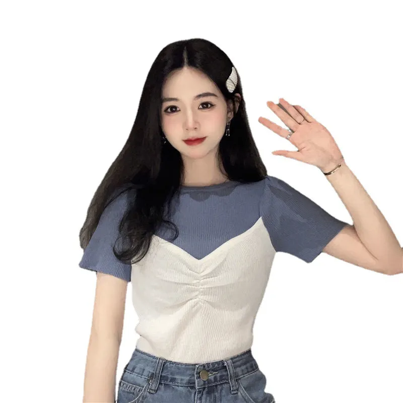 Uveng Uveng New Splicing Color Fake Two Short-Sleeved T-Shirt Women's Tide Net Red Repairing Short Half-Sleeved Top