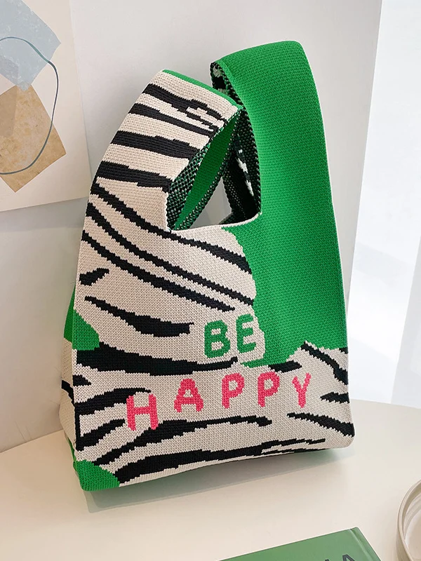 Letter Print Zebra-Stripe Bags Woven Handbag