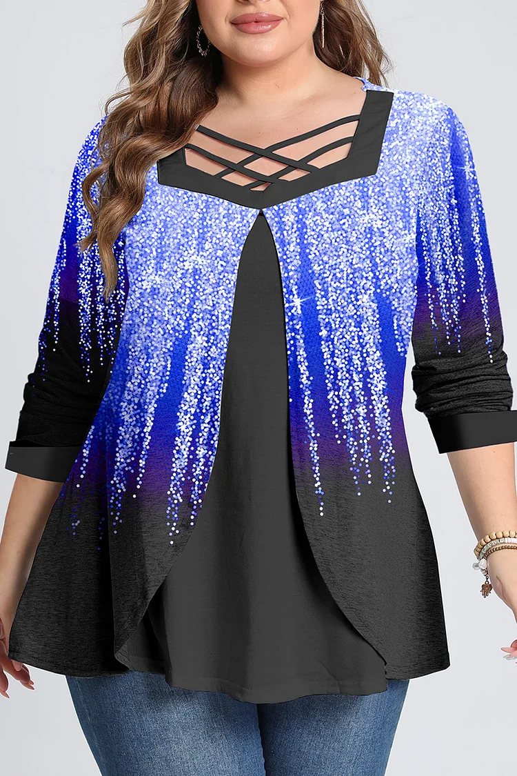 Flycurvy Plus Size Casual Black Ombre Rhinestone Print Cross Strap 2 in 1 Blouse  Flycurvy [product_label]