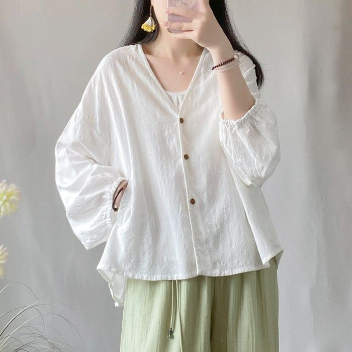 Iplaynox Spring New Women Jacquard Cotton and Linen Cardigan Tops Chinese Style Vintage Long Sleeved V-neck Large Size Loose Casual Shirt