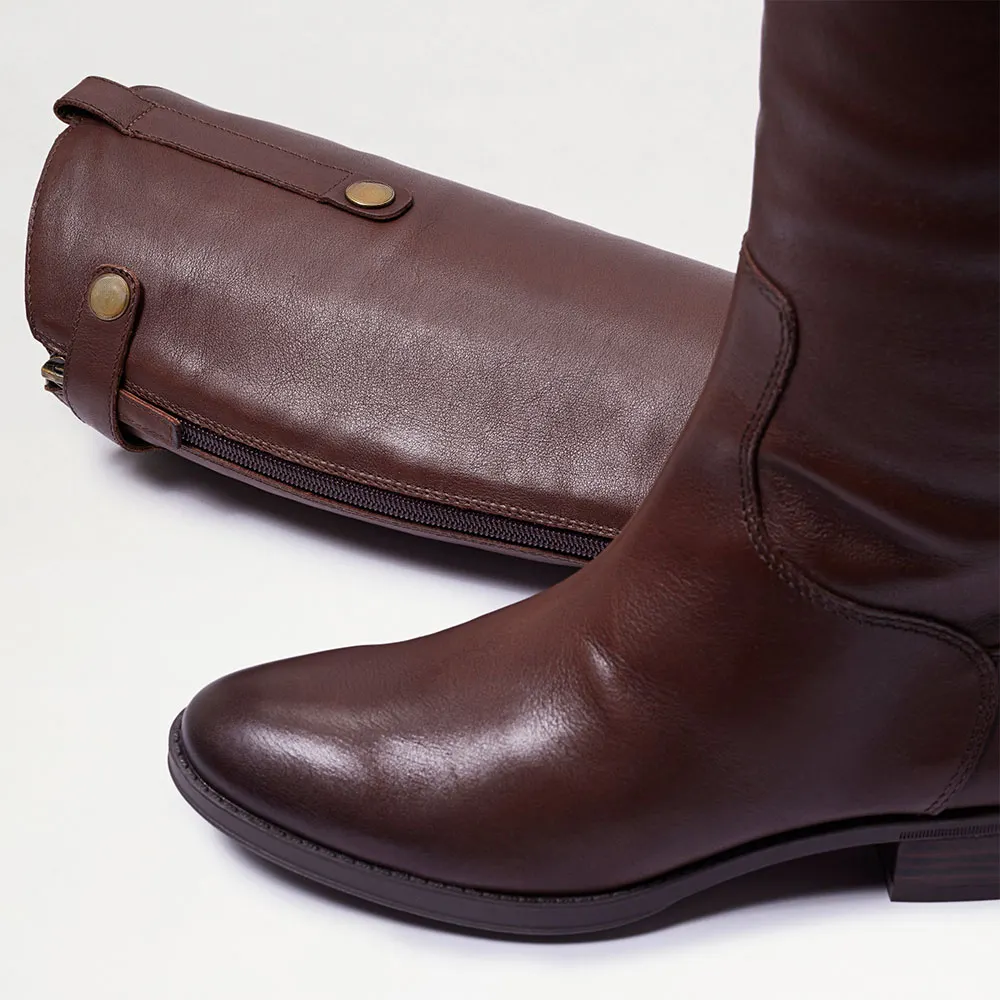 Women's Dark Brown Round Toe Back Zipper Pull Tab Knee High Boots