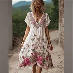 Bohemian Style Plant Flower And Butterfly Pattern Embroidery Women's Cotton And Linen Dress - Image 2