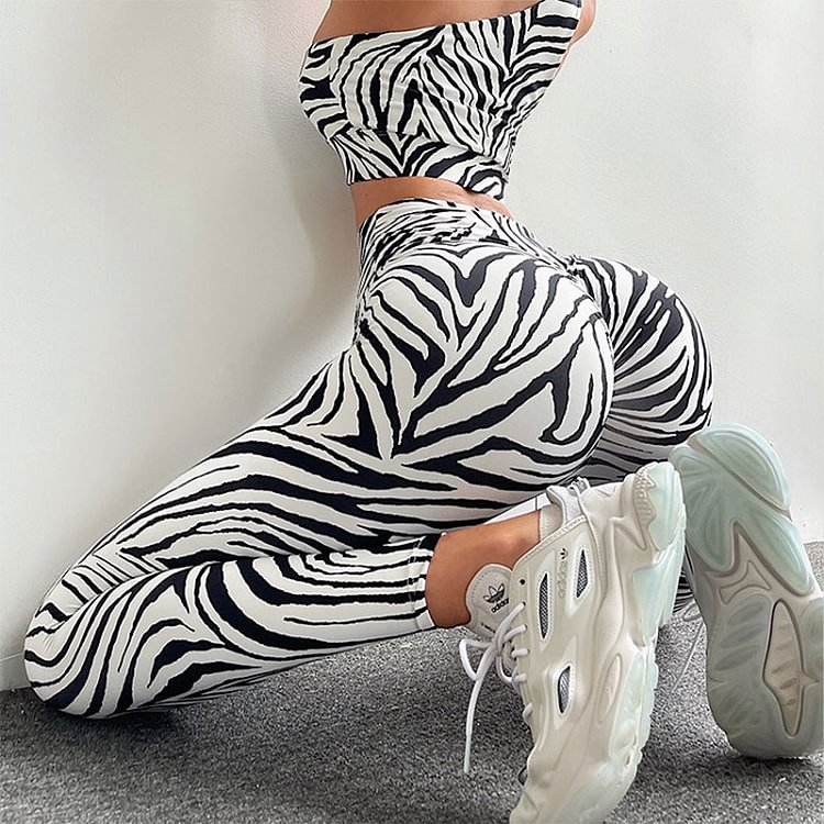 High Waist Zebra Stripe Print Sports Pants - Modakawa modakawa