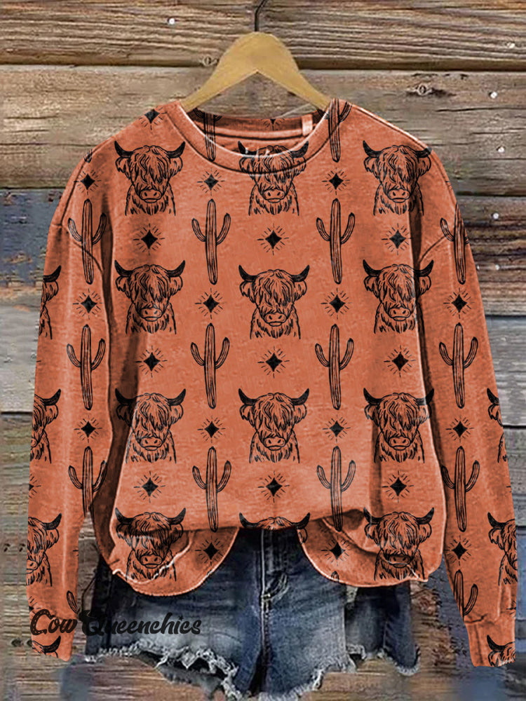 Vintage Yak Cactus Art Print Casual Cotton Sweatshirt Multicolor / S