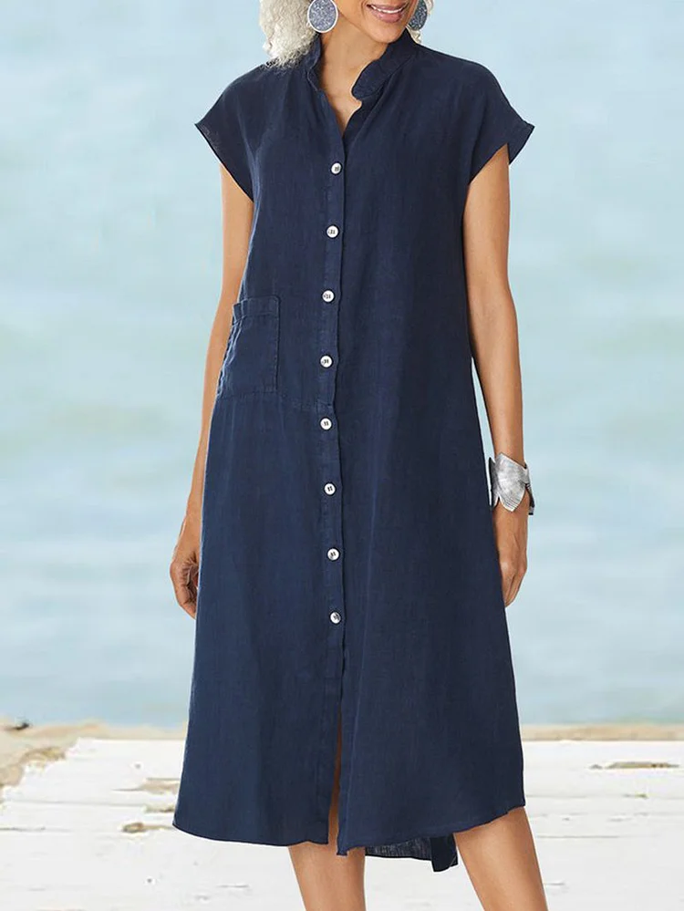 Solid Color Pocket Buckle Midi Dress