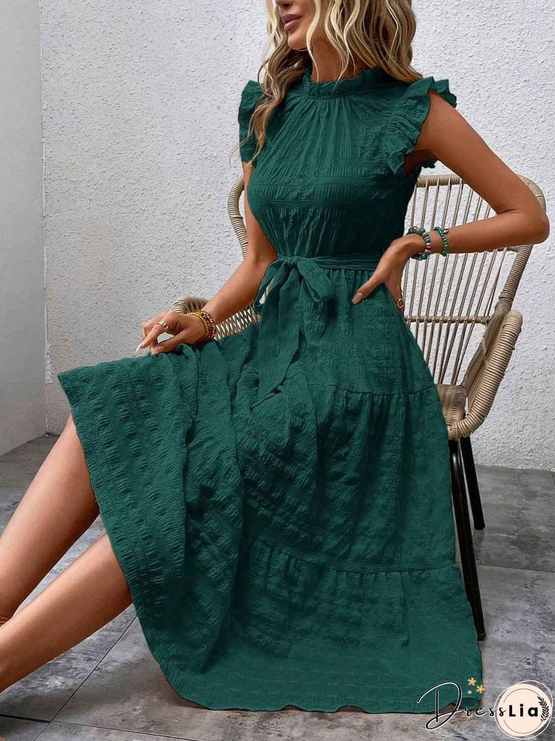Tied Ruffled Cap Sleeve Midi Dress