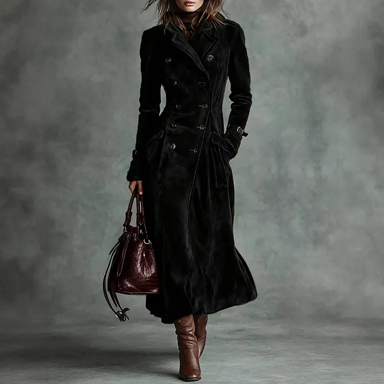Vintage Western Lapel Buttoned Suede Trench Coat