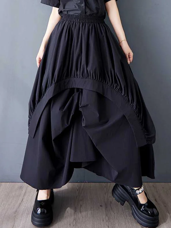 Solid Color Pockets Pleated Elasticity Asymmetric Loose A-Line Skirts Bottoms