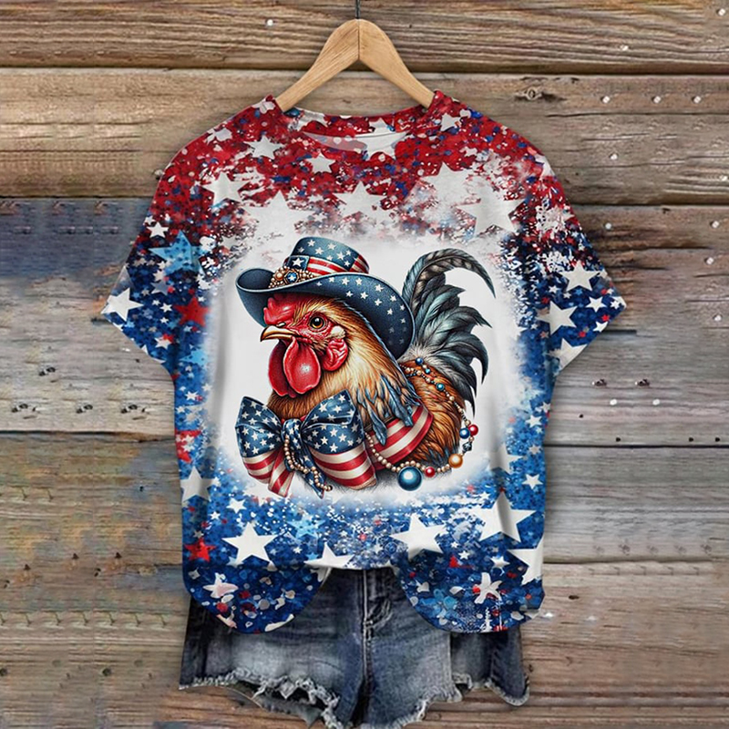 Comstylish Women's Independence Day Rooster Print Casual T-Shirt