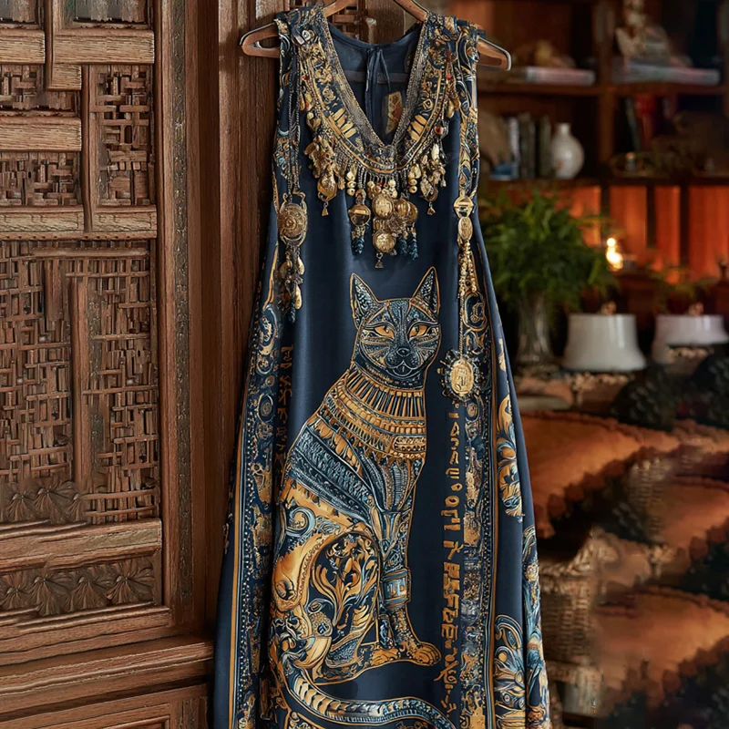 Women's Vintage Egyptian Buster Cat Art Pattern Casual Midi Dress