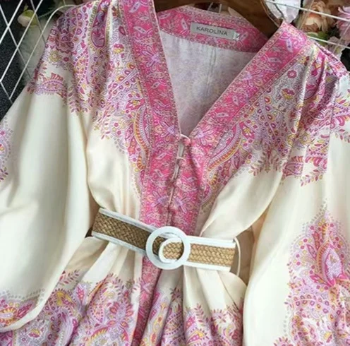 Nigikala Nigikala And Summer New French Retro Holiday Style V Neck Lantern Sleeves To Collect Long Print Small Dress