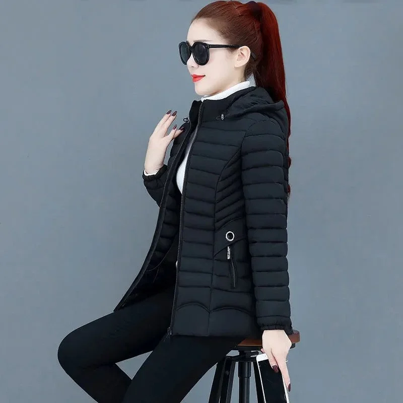 2021 Autumn Winter Jacket Slim Short Women's Parkas Casual Cotton Padded Jacket Warm Clothes Hooded Coats Solid Female Outwear
