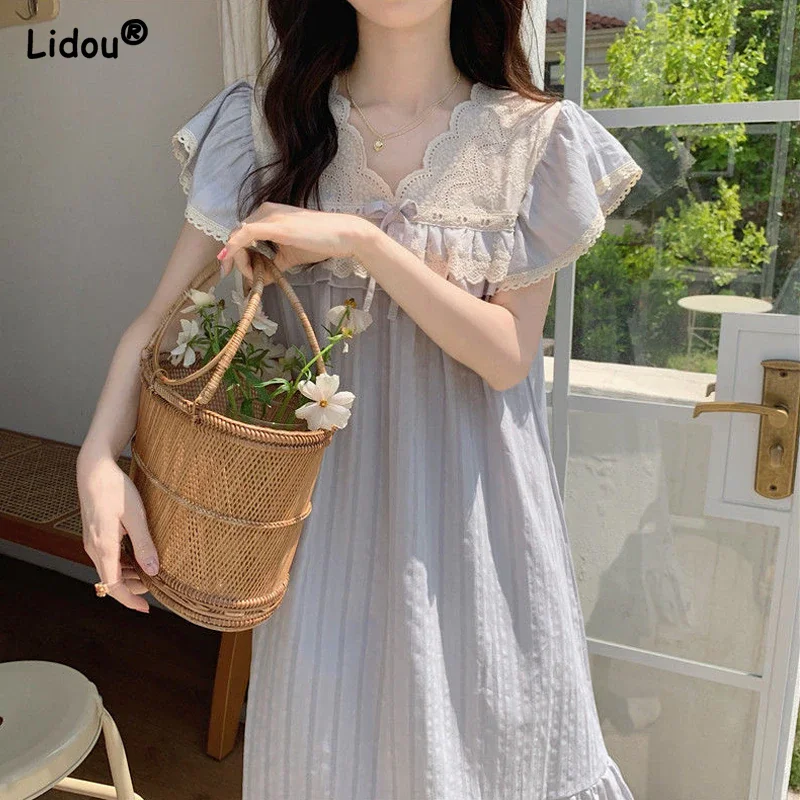 Jangj Lace Simple Solid Color Short Sleeve Fashion Dresses Summer Loose Waist Pure Refreshing Wild Straight Women's Clothing