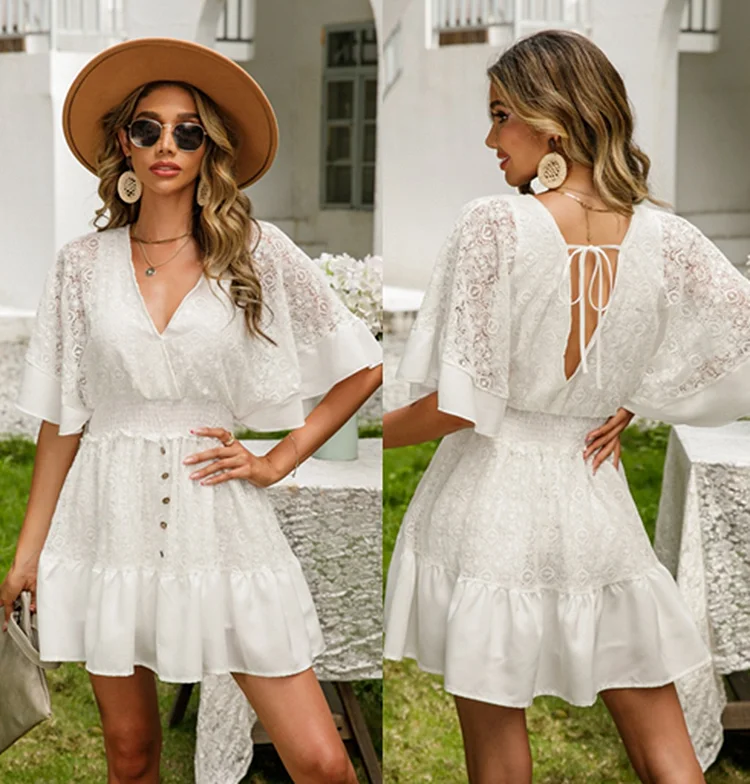 Women White Lace Half Sleeve Elegant Sexy Casual Mini Dress