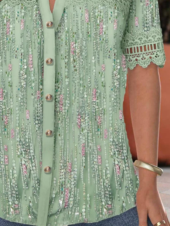 Women's Short Sleeve V-neck Lace Stitching Hollow Graphic Top