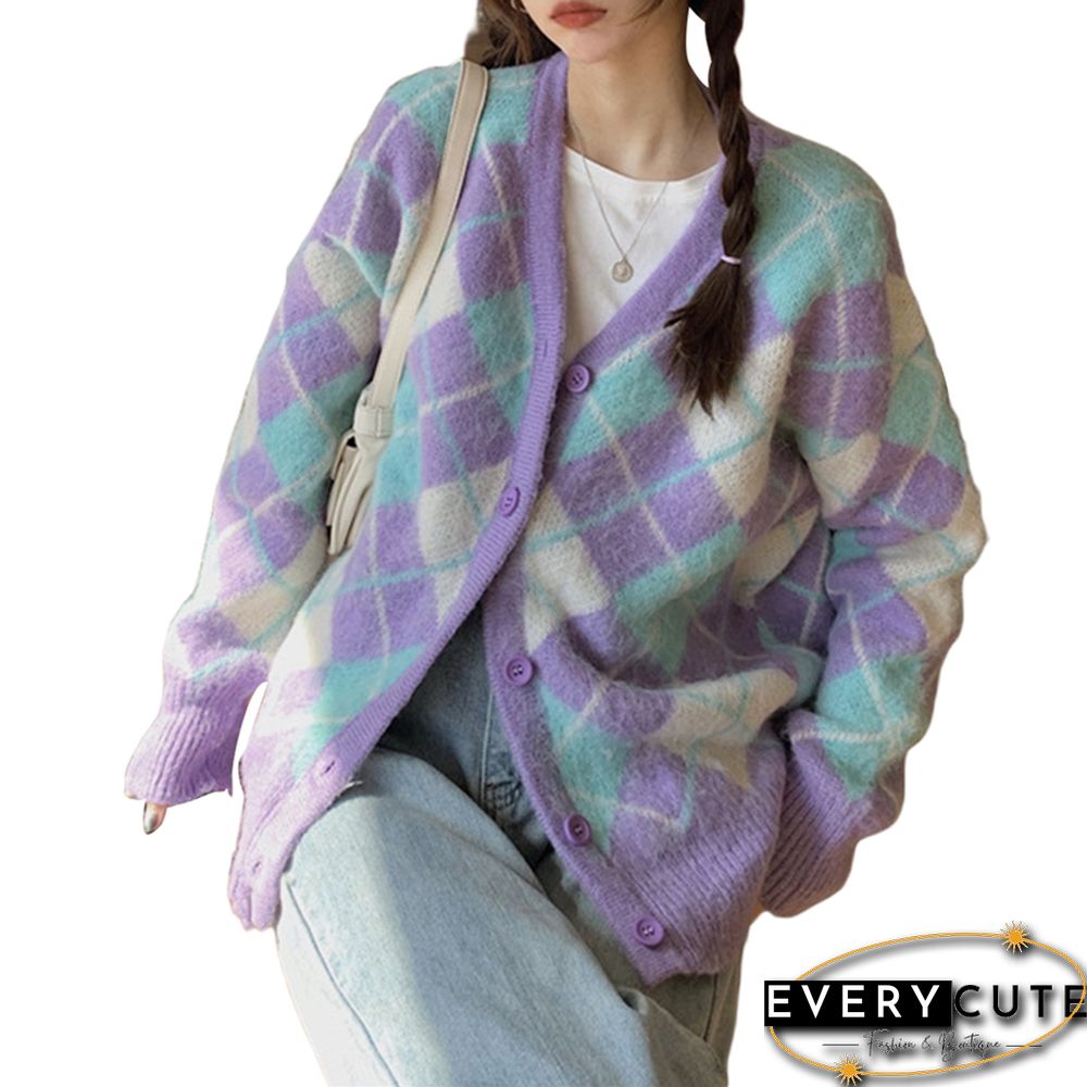 Womens Vintage Argyle Print Button Down Knit Sweater Long Sleeve V Neck Loose Cardigan Autumn Ins Knitting Tops