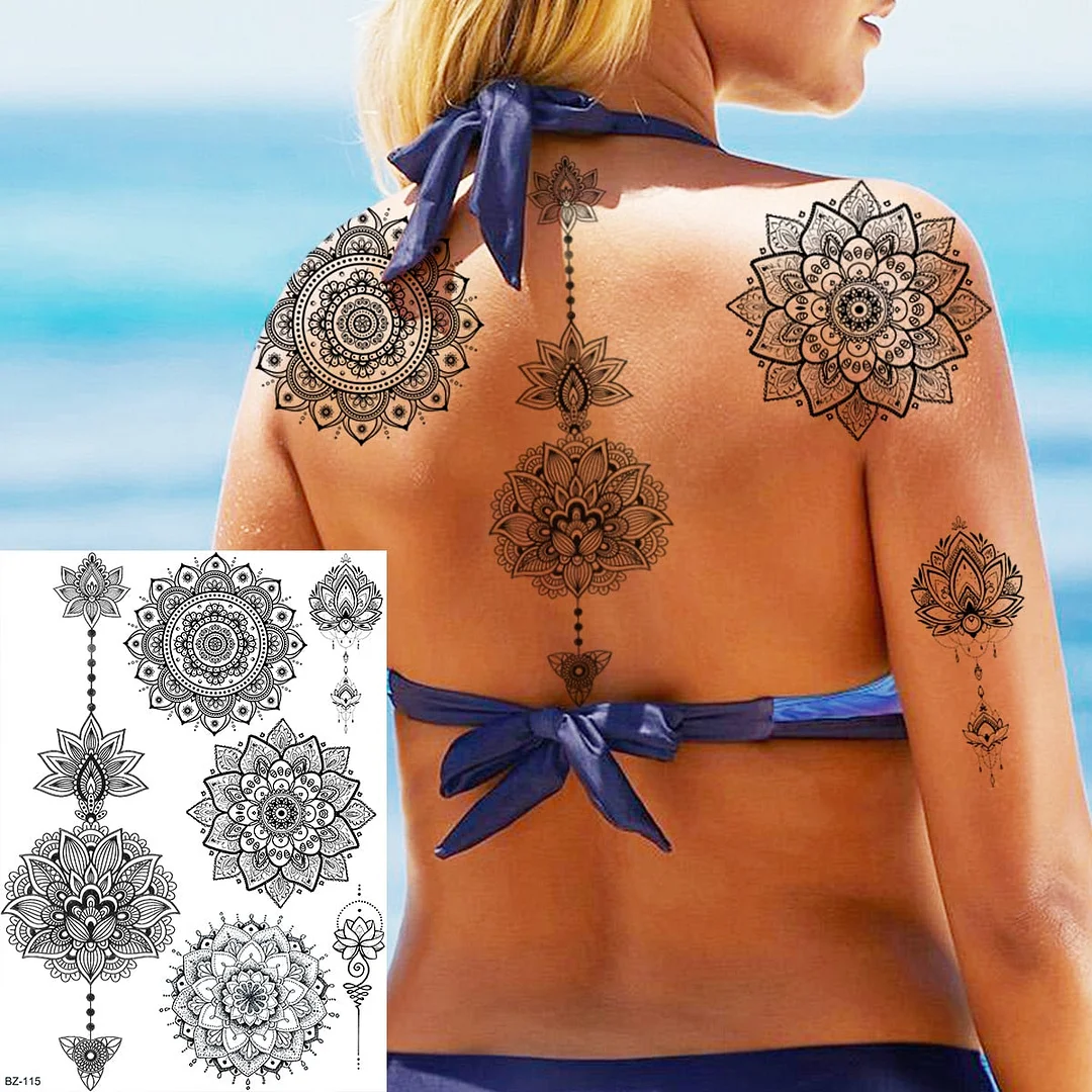 Henna Pendant Temporary Tattoos For Women Undertboob Girls Realistic Butterfly Rose Flower Fake Tattoo Sticker Chest Tatoos
