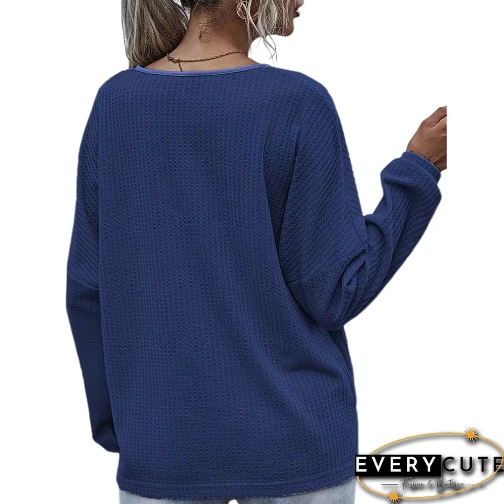Navy Blue Waffle V Neckline Pocket Long Sleeve Tops