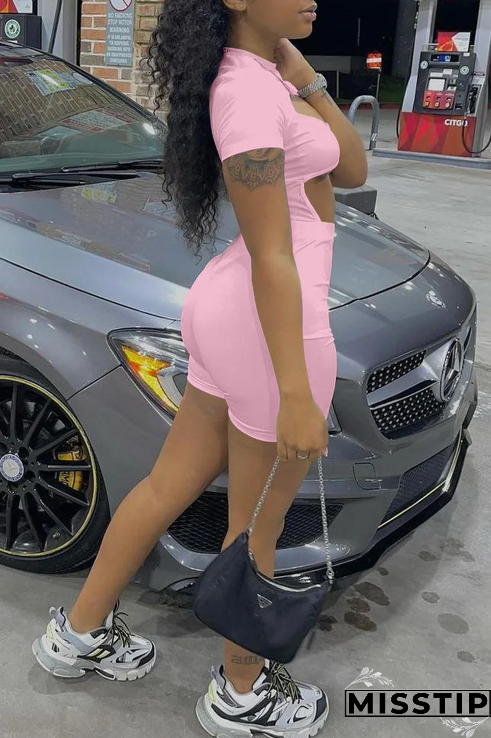 Khaki Sexy Solid Hollowed Out Half A Turtleneck Short Sleeve Two Pieces