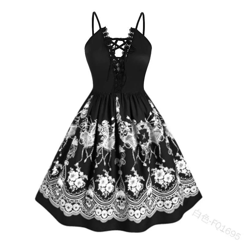 Halloween Dress Lace Deep V-Neck Gothic Skull Print Party Slip Dress