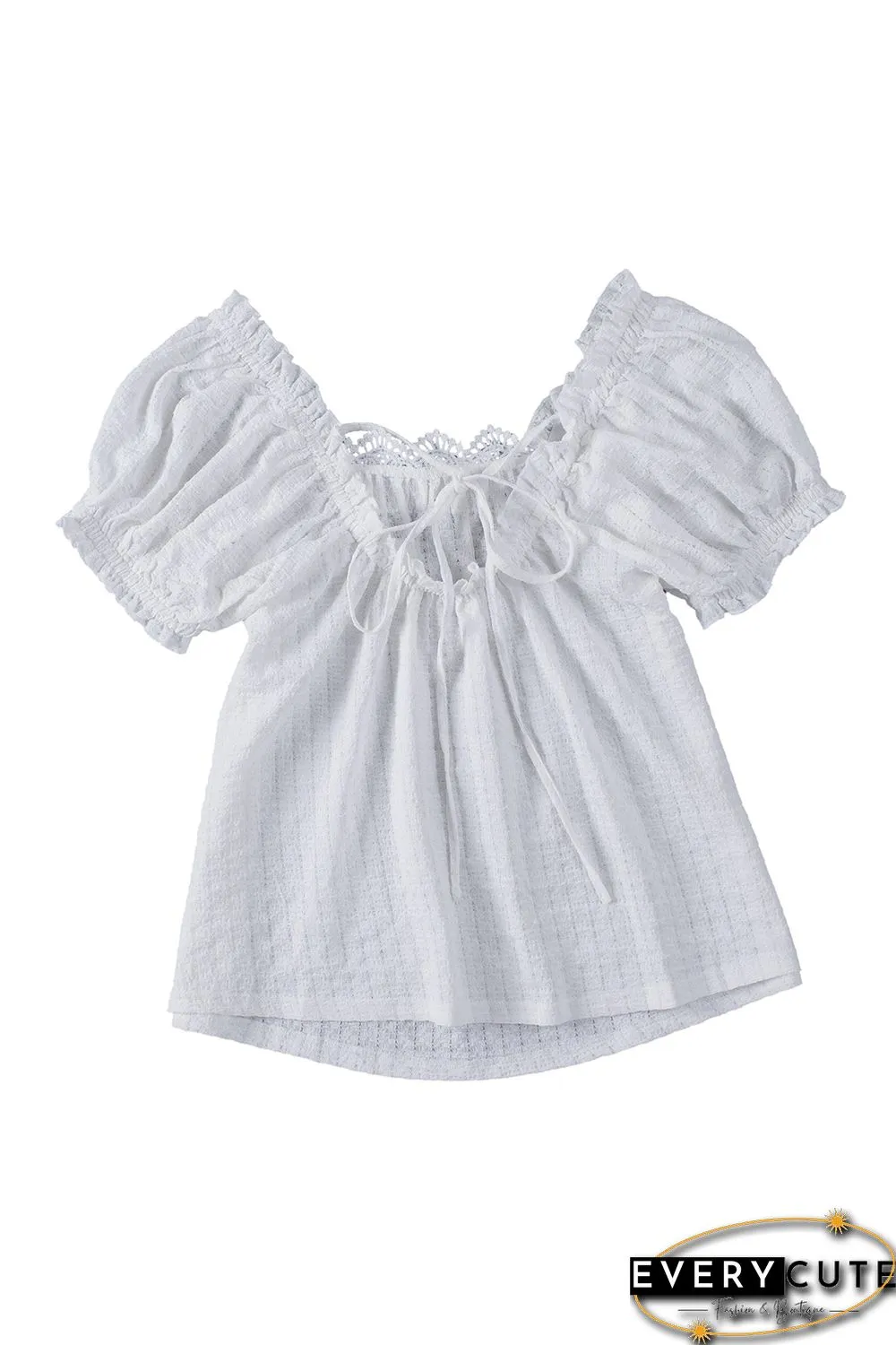 White Lace Crochet Lace-up Open Back Puff Sleeve Top