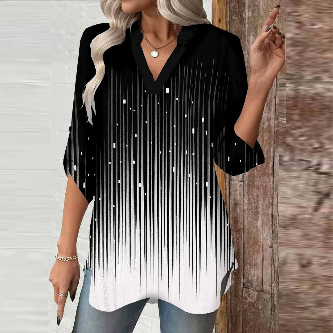 Women Striped,Black,Geometric DZGA0621 3/4 Sleeve V-neck Printed Graphic Button Tops