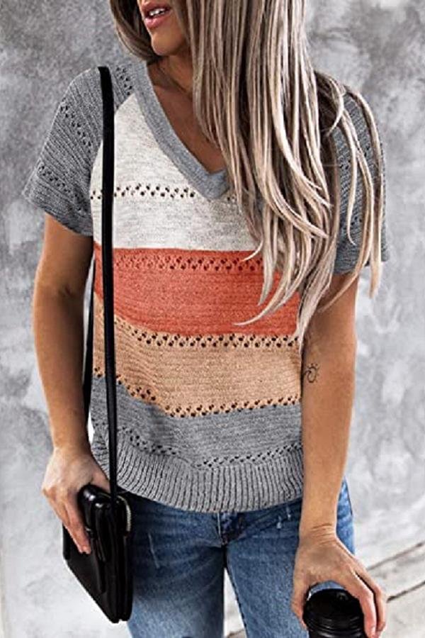 Loose Color Matching Hollow Large Size Knitted T-shirt P13378