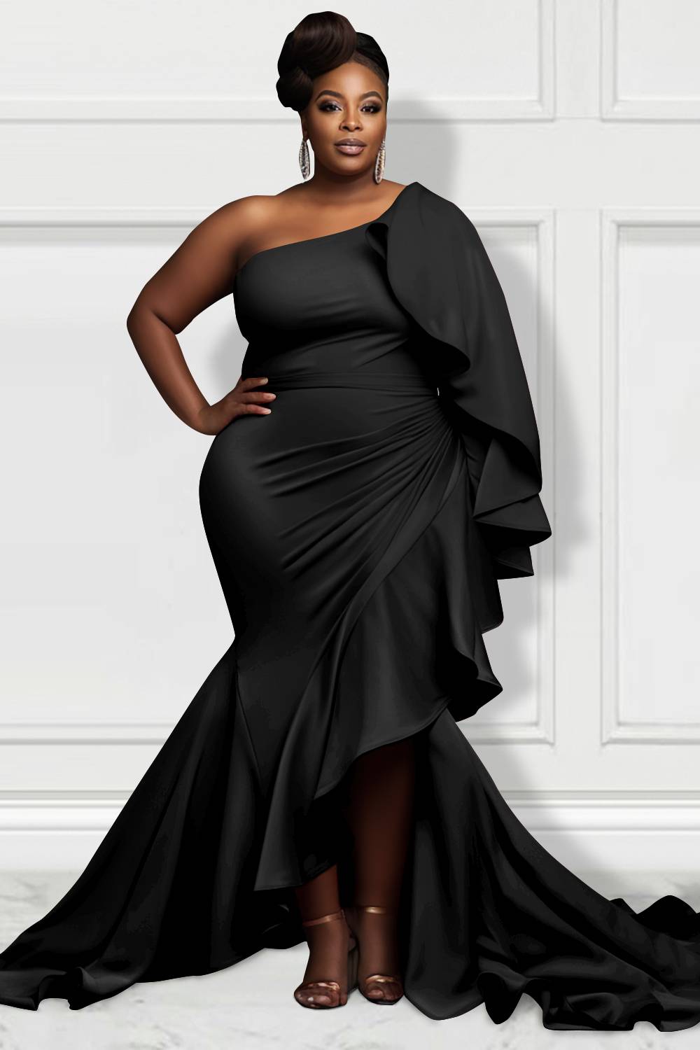 Design Plus Size Mother Of The Bride Maxi Dresses Elegant Black Oblique Collar Petal Sleeve Long Sleeve Mermaid Knitted Maxi Dresses [Pre-Order]