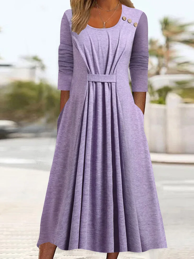 Women's Long Sleeve Scoop Neck Solid Color Stitching Midi Dress