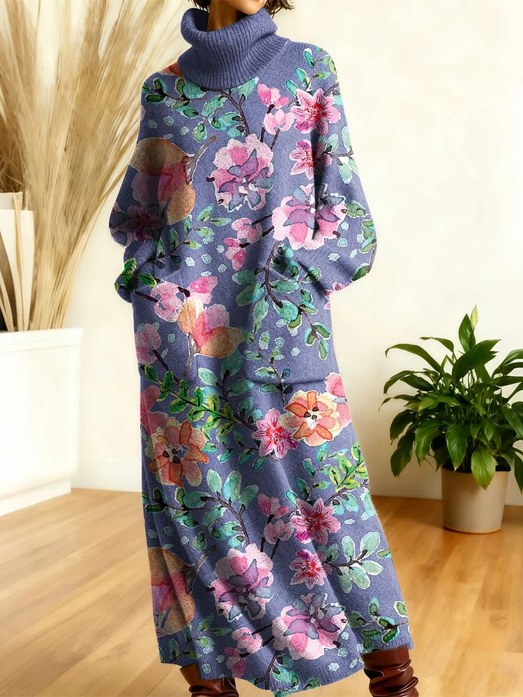 Women's Retro Flowers Geometric Patchwork High-neck Long-sleeve Casual Loose Knit Dress