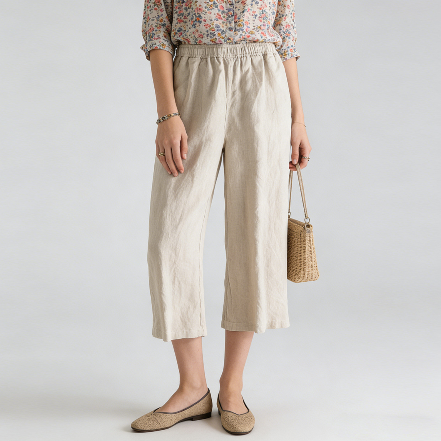 Women's Linen Capri Pants with Elastic Waist REAL SILK LIFE